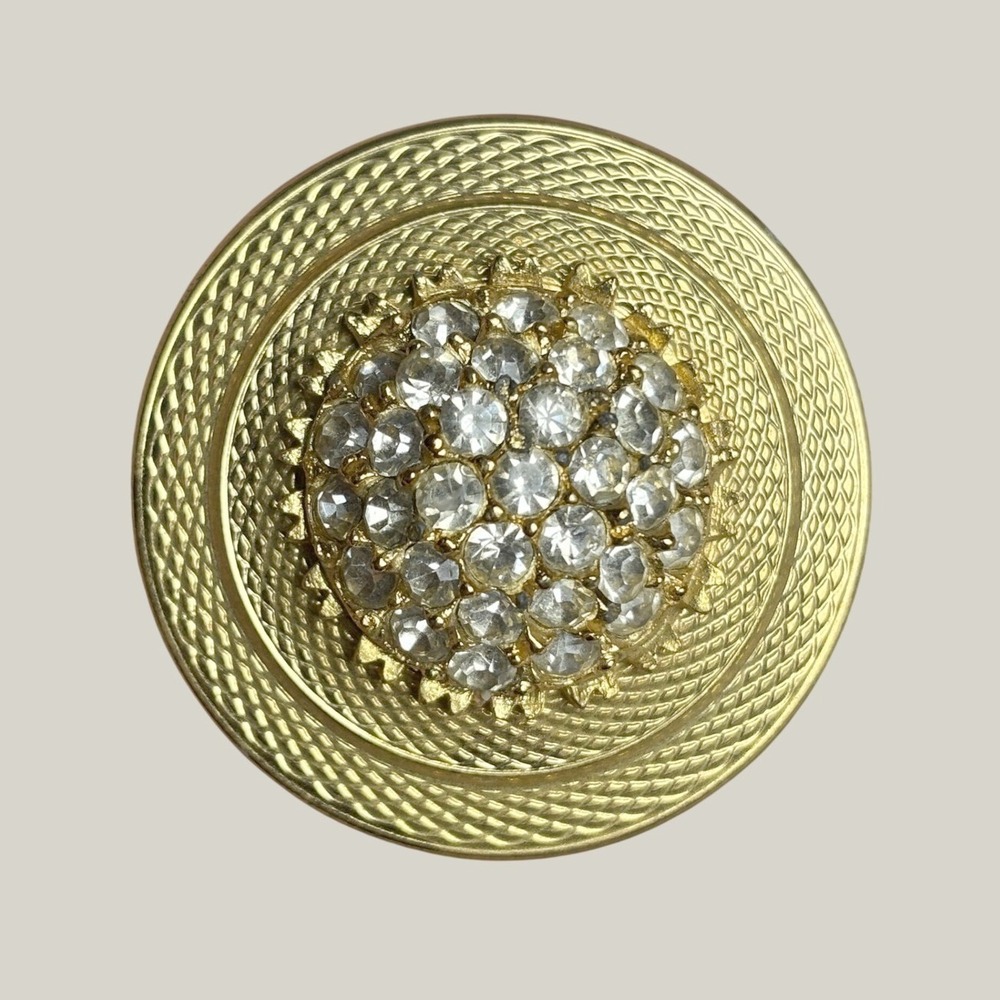Vtg Celebrity NY Scarf Clip Brooch Gold Metal Rhinestone Pave Dome Textured Glam